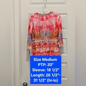 One World Multicolor Bohemian 3/4 Sleeve Tunic Top, NWT, Size Medium